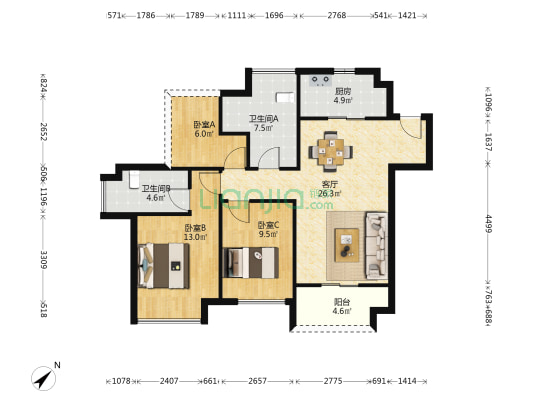 金悦华府 3室1厅2卫 92平方