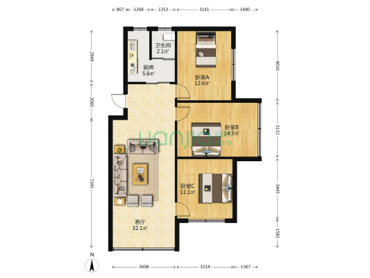 香狮路200号 3室1厅1卫 91平方