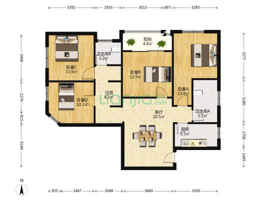 罗庄遵铭博裔新城 4室1厅2卫 129平方