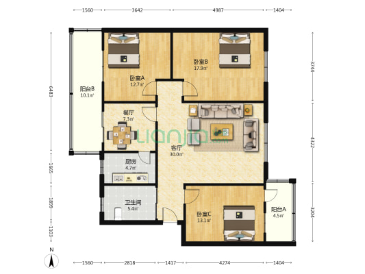 工贸家属院 3室2厅1卫 122平方