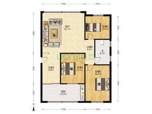 中山路165号 3室1厅1卫 126平方