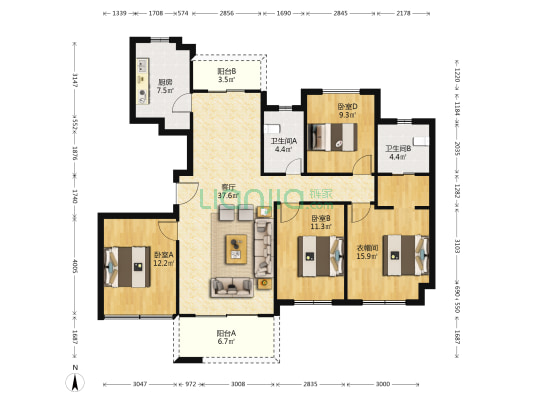 绿地新城新里桃溪川 3室1厅2卫 134平方