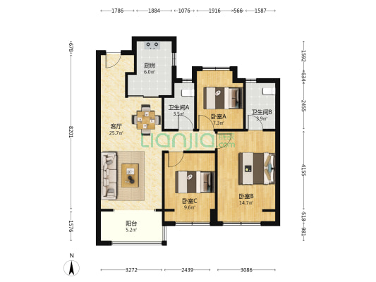天安象屿萃湖臻境 3室1厅2卫 95平方