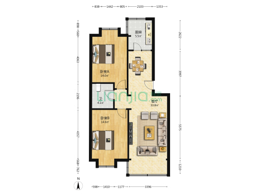 北辰花园 2室1厅1卫 88平方