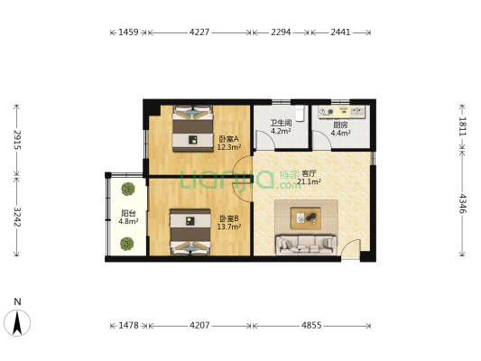 思东商厦 2室1厅1卫 77平方