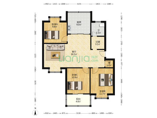 旺兴商业街西区 3室1厅1卫 101平方