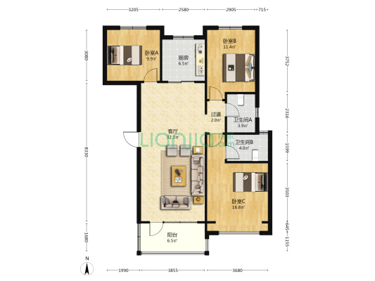 金科碧桂园翡翠郡 3室1厅2卫 124平方