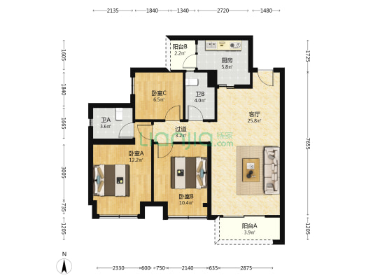 城投锦溪城 3室1厅2卫 96平方