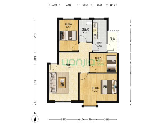 阳光花园 3室1厅1卫 86平方