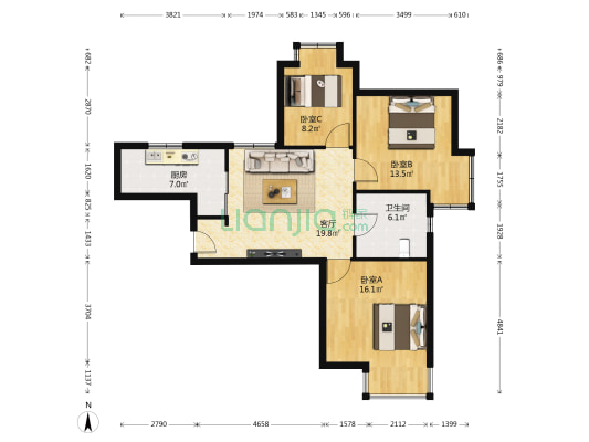 汇德园 3室1厅1卫 89平方