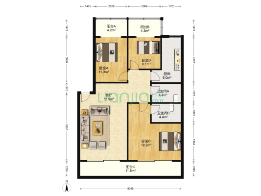 南玻公寓 3室1厅2卫 114平方