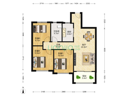 新力钰珑湾北区 3室1厅1卫 85平方