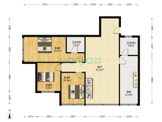 万商人家 3室1厅2卫 126平方
