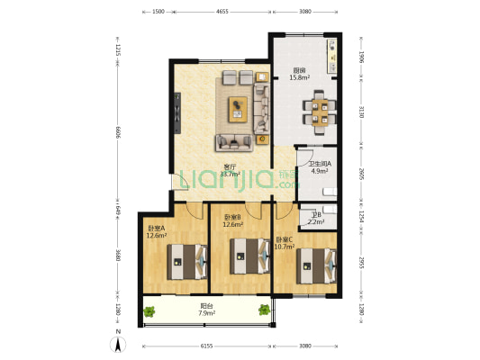 群安实业小区 3室1厅2卫 126平方