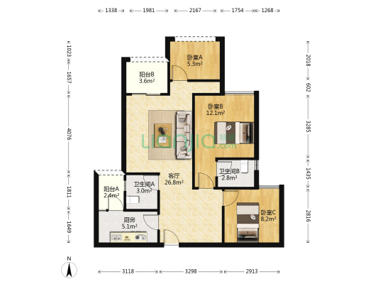 裕城长江著 3室1厅2卫 83平方