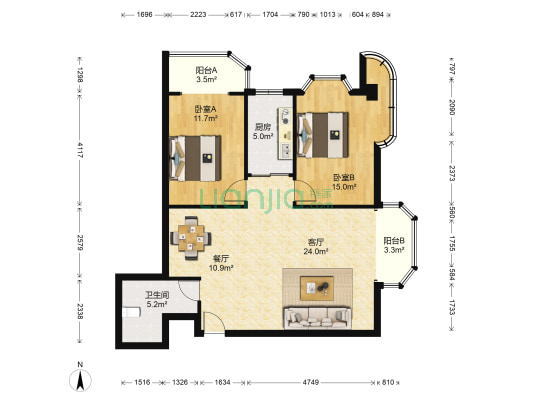 十一纬路 2室2厅1卫 108平方