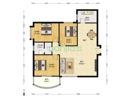 银河华庭 3室1厅1卫 128平方