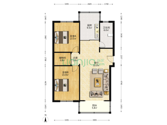 南良苑 2室1厅1卫 107平方