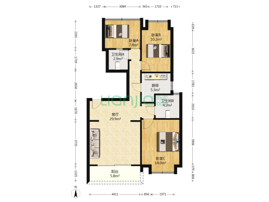 城中花园 3室1厅2卫 96平方