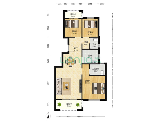 德玛假日三期 3室1厅2卫 96平方