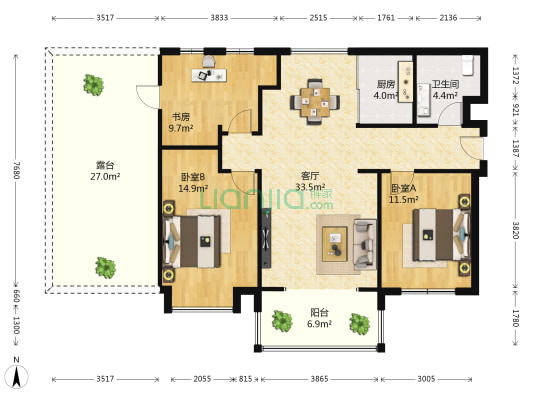 青山湖天湾 3室1厅1卫 97平方