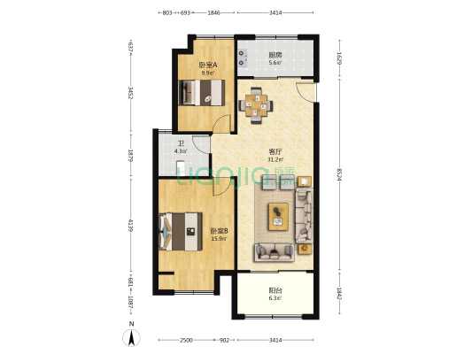 沐和苑 2室1厅1卫 94平方