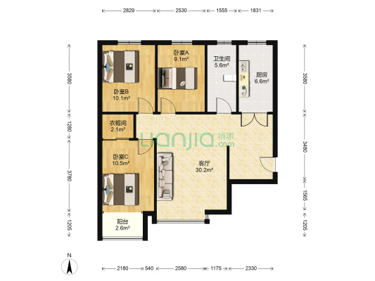 三居室 南北通透 交通便利 便民市场方便-户型图