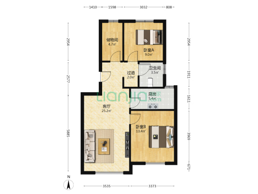 安居乐业 2室1厅1卫 86平方