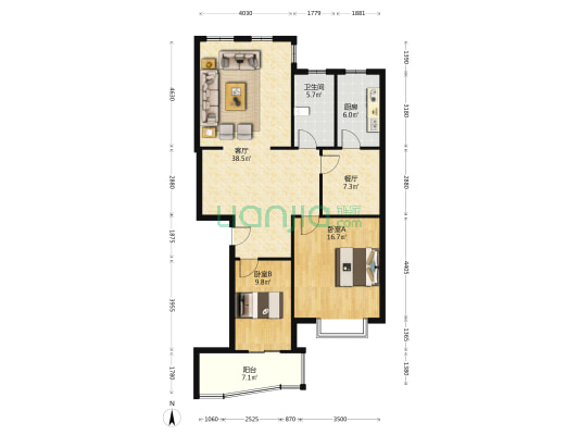 南北通透两居室，带露台，业主诚心出售，价格可议-户型图