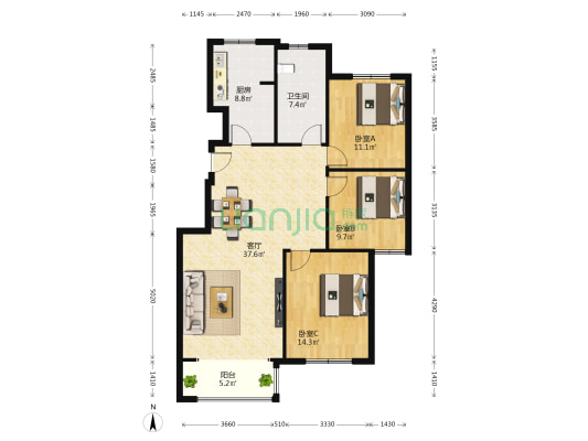 瑞河兰乔北区 3室1厅1卫 113平方