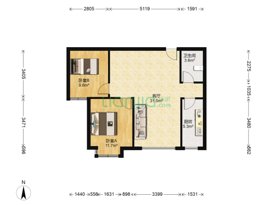 珠光逸景 2室1厅1卫 87平方