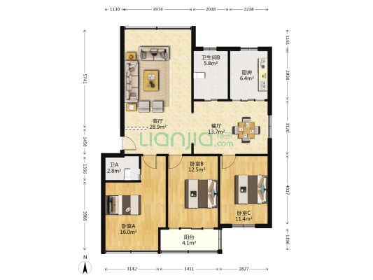华夏小区 3室2厅2卫 124平方