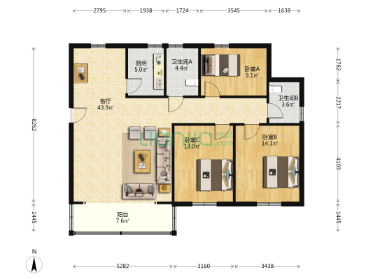 中山路56弄 3室1厅2卫 126平方