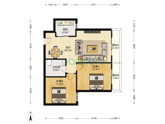 天庆国际新城B区 2室1厅1卫 91平方
