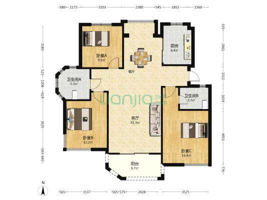 金泰尚品国际 3室1厅2卫 120平方