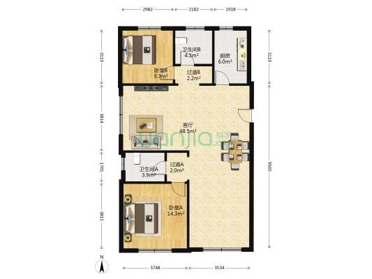 三河润旭商贸中心 2室1厅2卫 128平方