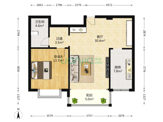 阳光美寓 1室1厅1卫 86平方