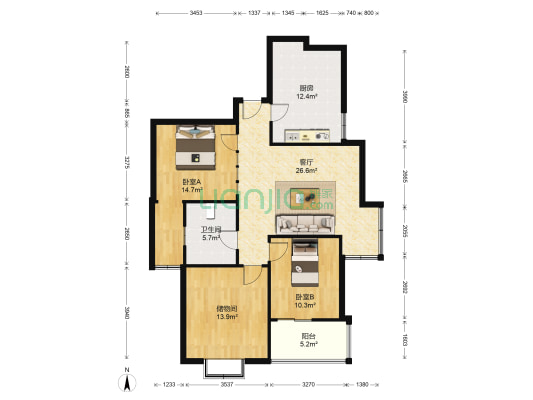 中行小区 2室1厅1卫 120平方