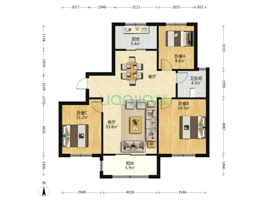 金山华府 3室1厅1卫 118平方