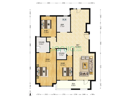 海航叠山院 3室1厅2卫 158平方
