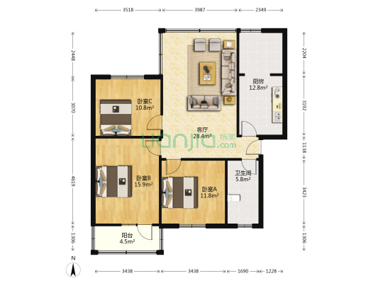 状元街二巷19号 3室1厅1卫 99平方