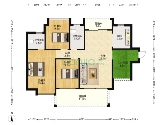 隆基绿洲花园二期 3室1厅2卫 116平方