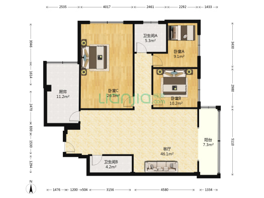 龙翔苑 3室1厅2卫 156平方