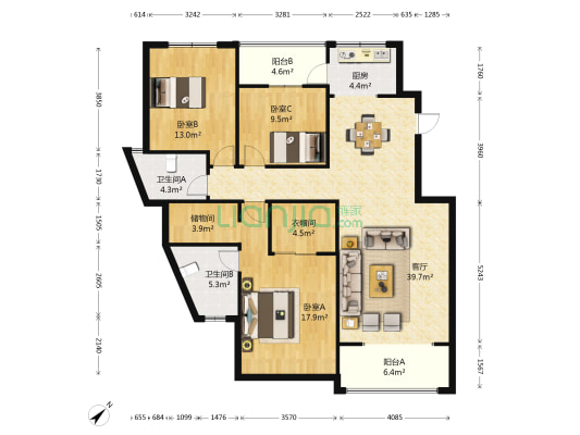荷塘月色 3室1厅2卫 131平方