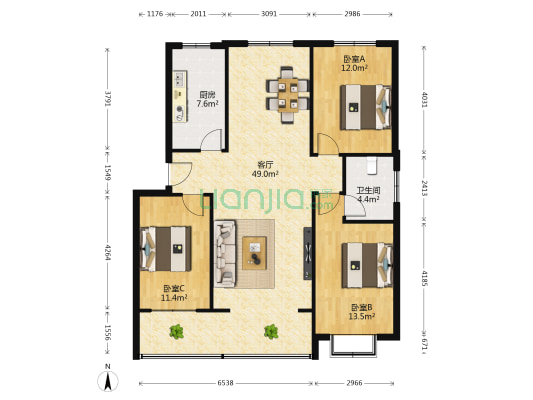 紫玉华庭 3室1厅1卫 125平方