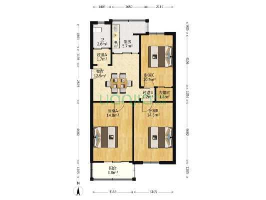 省建材宿舍楼 3室1厅1卫 83平方
