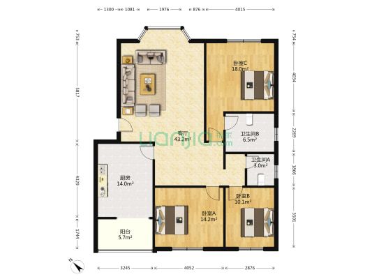 五一小区 3室1厅2卫 134平方