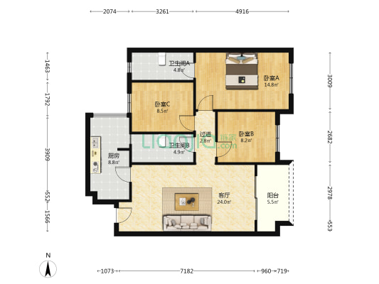 滨江栖棠 3室1厅2卫 91平方