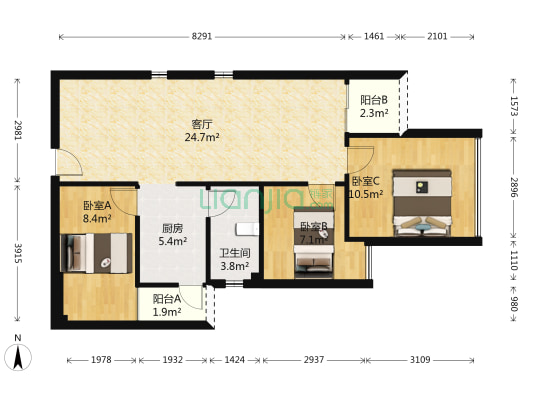 光辉城市 3室1厅1卫 83平方
