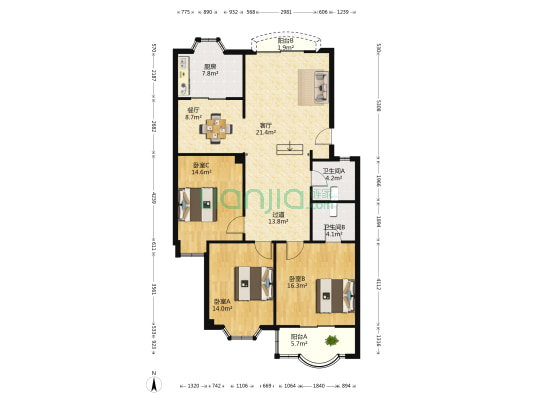 东方现代花园 3室2厅2卫 128平方